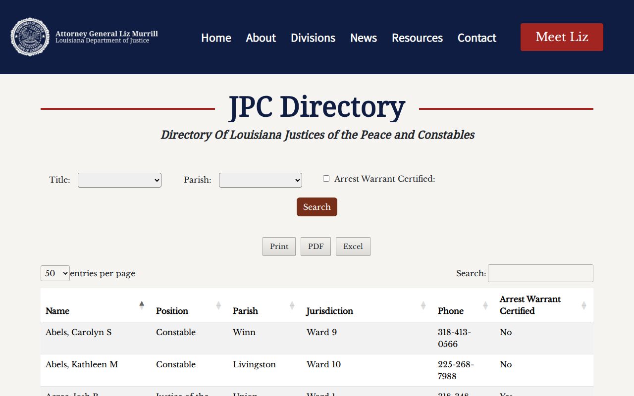 Jackson Parish municipal warrant research showing the JP directory filter fields