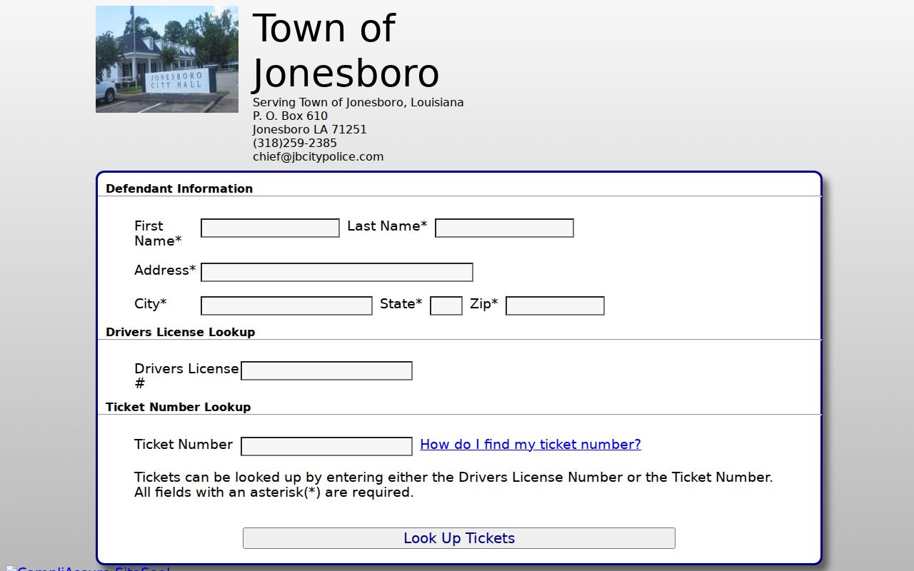 Jackson Parish traffic warrant research showing the Jonesboro ticket lookup form
