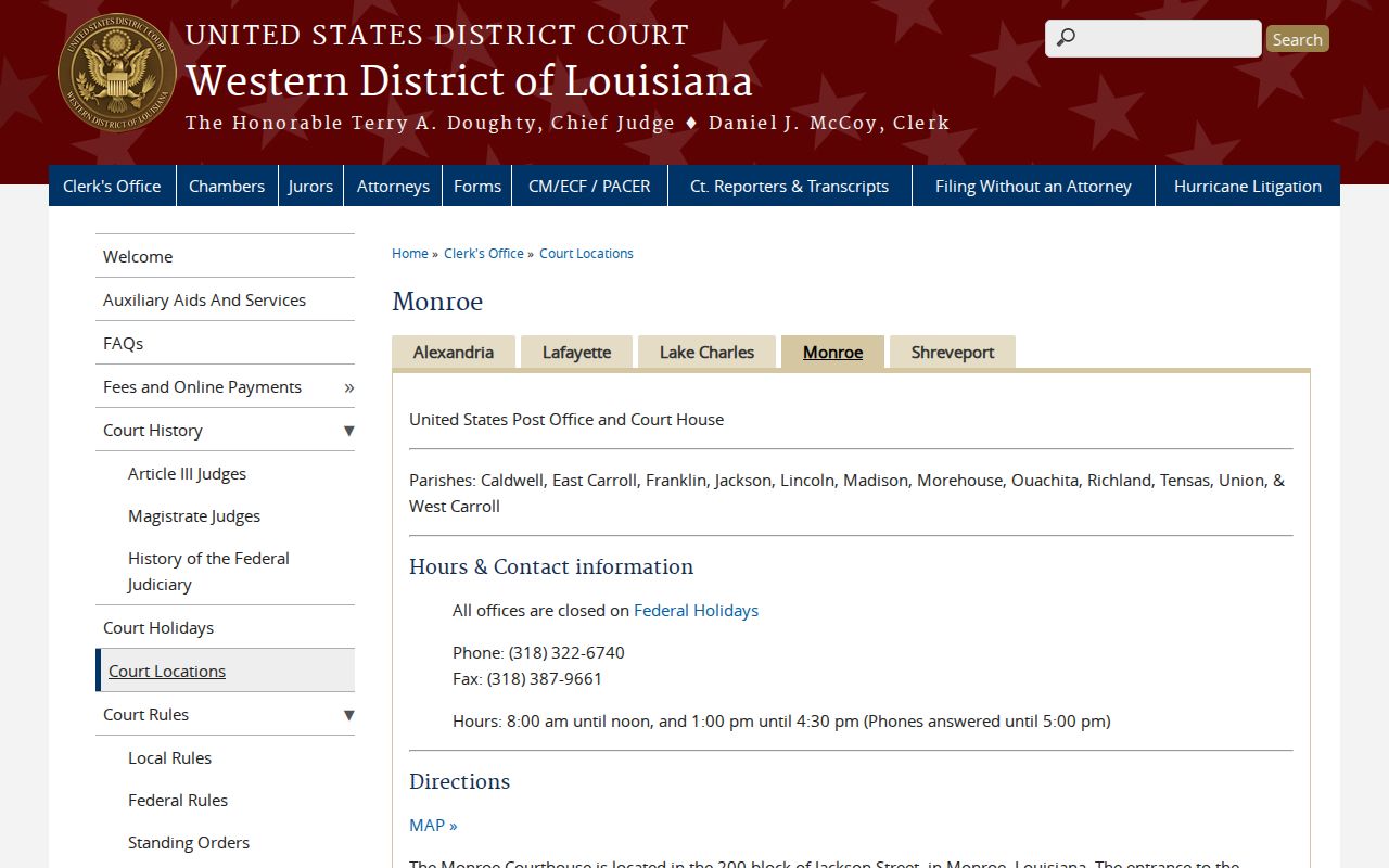 Jackson Parish arrest warrant research showing the federal courthouse contact block